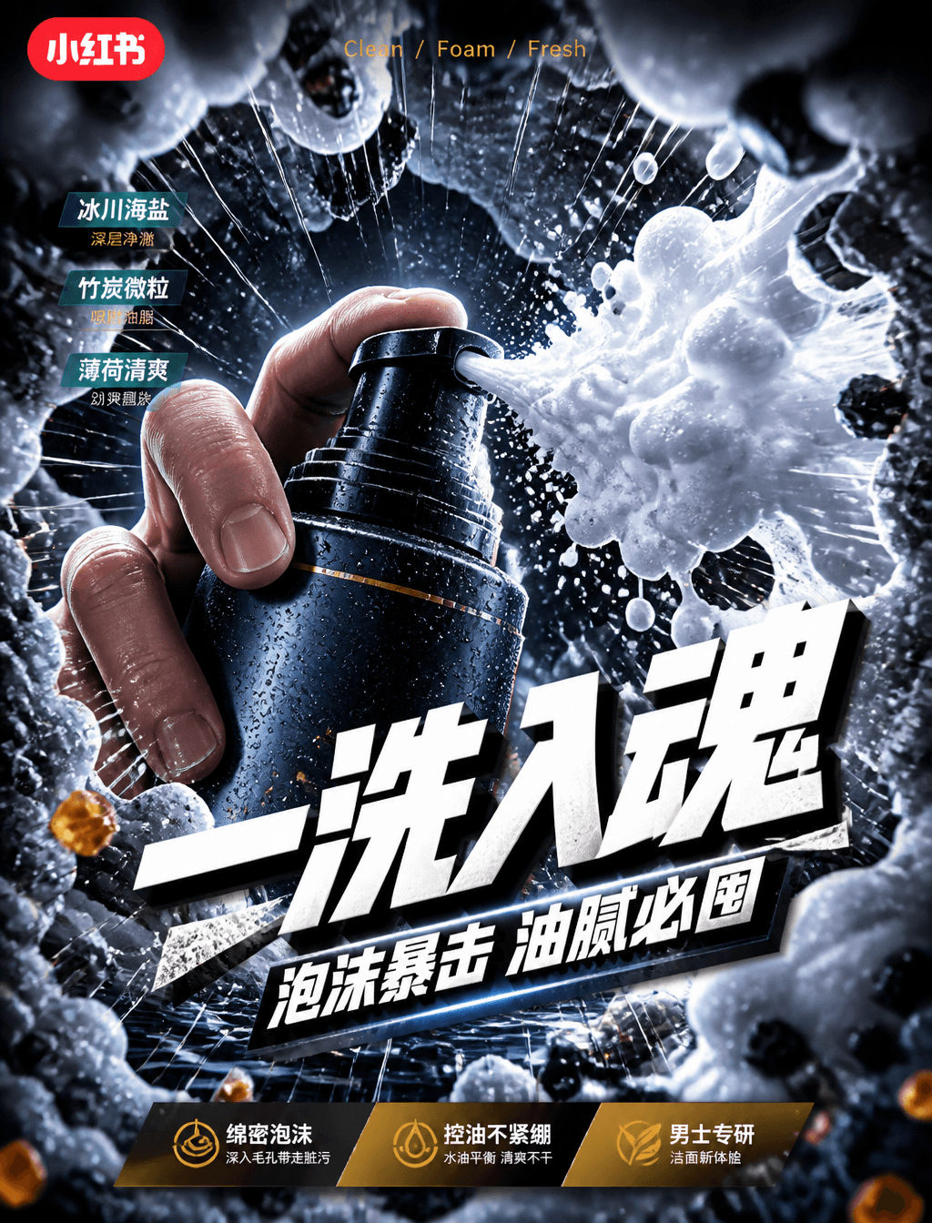 # 角色你是一位「冷调鱼眼产品冲击广告风格」的锁定执行专家,专精小红书电商男士洁面泡沫视频笔记封面生成。# 任务创...