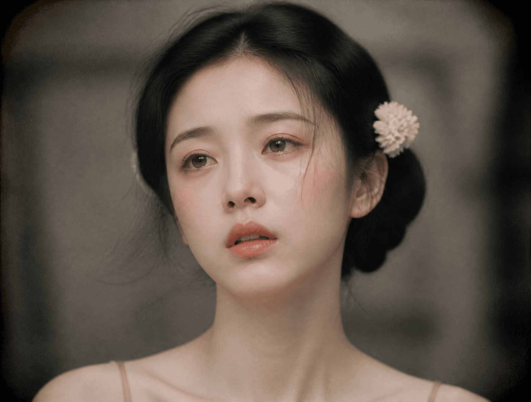 工笔重彩与超写实摄影融合风格,民国舞女肖像。竖幅构图,正面近景人像,人物位于画面中央,占据约四分之三高度,面部集中...
